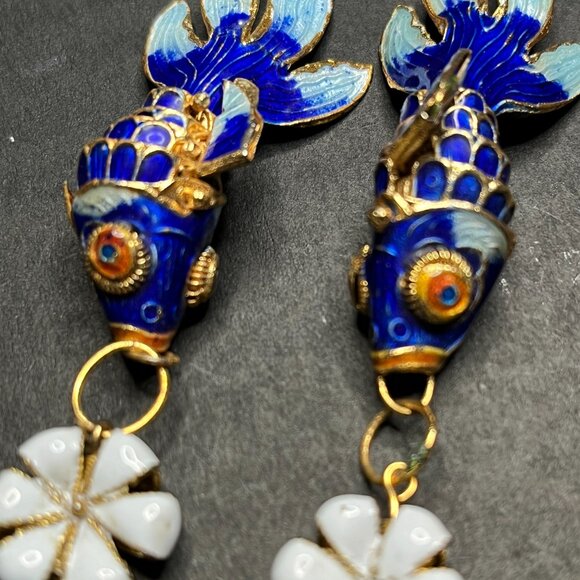 Handmade Vintage Cloisonne Fish Earrings Blue White Long Dangle Faintail Floral - Picture 3 of 9